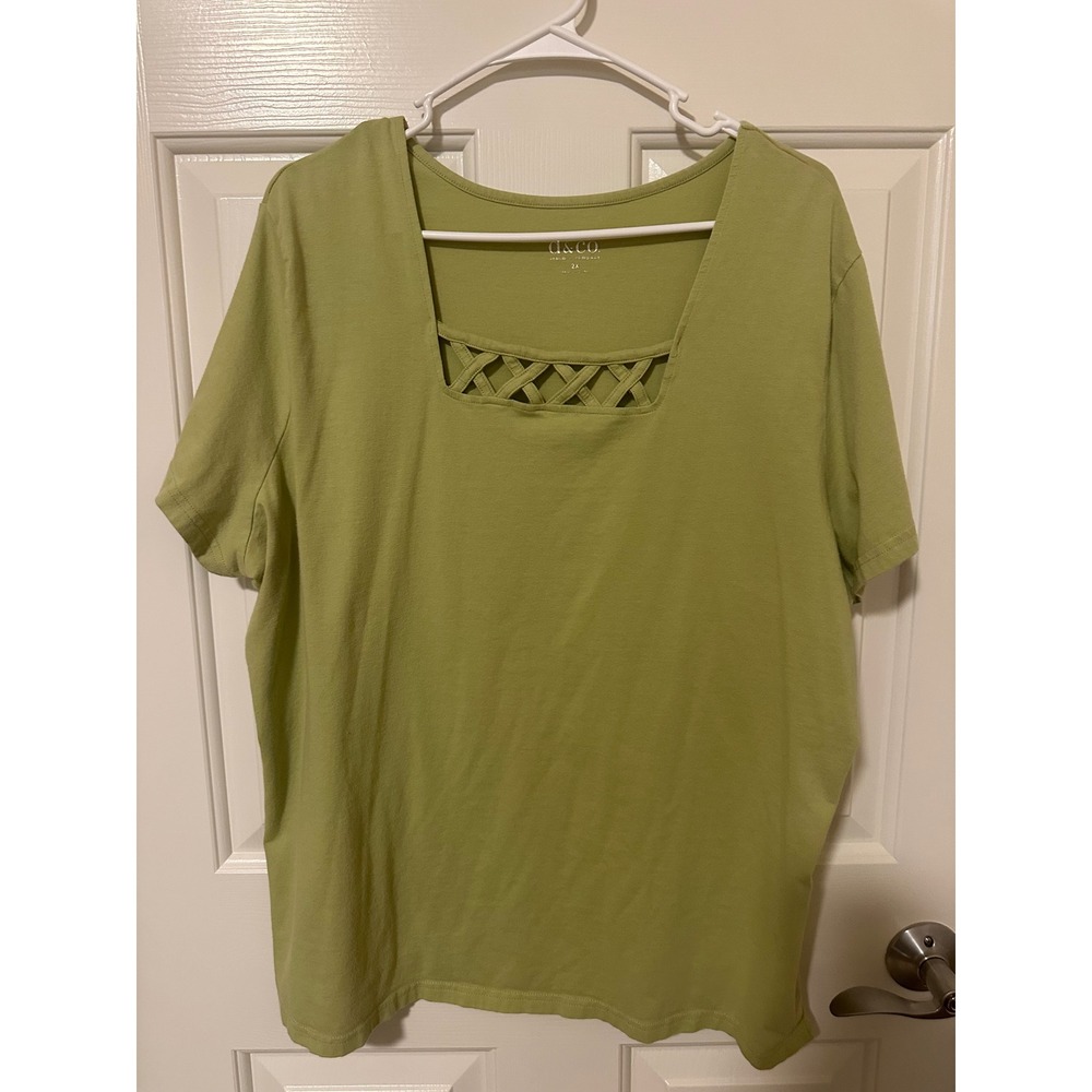 Denim & Co Top Women 2X Green Square Neck Lattice Short Sleeve Cotton T-Shirt